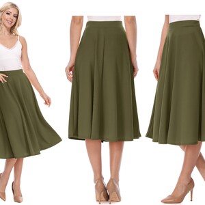 Women's Casual Flared High Waist Solid Midi Bottom Skirt