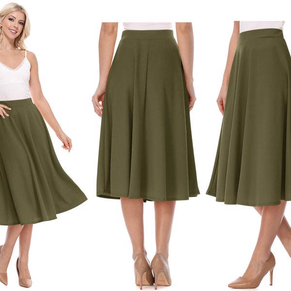 Women's Casual Flared High Waist Solid Midi Bottom Skirt