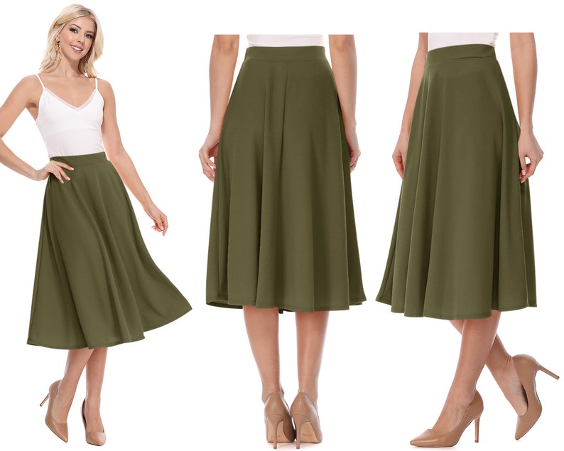 Women's Casual Flared High Waist Solid Midi Bottom Skirt Olive