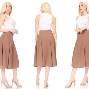Women's Solid Flared Lightweight Elastic High Waist Midi A-Line Skirt