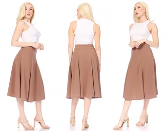 Women's Solid Flared Lightweight Elastic High Waist Midi A-Line Skirt