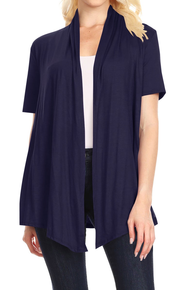 Women's Solid Basic Short Sleeve Casual Solid Cardigan Navy