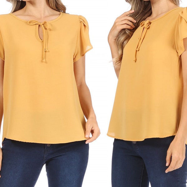 Plus Size Casual Solid Petal Sleeve Bow Tie Neck B2040 $11Each