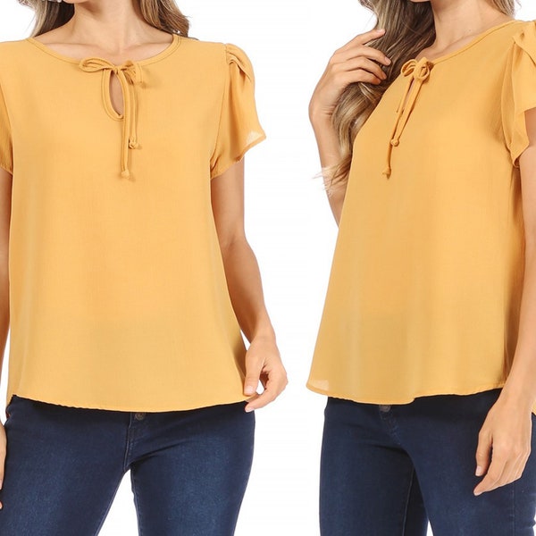 Casual Solid Petal Sleeve Ribbon Tie Round Neck Key Hole Tee Blouse Top