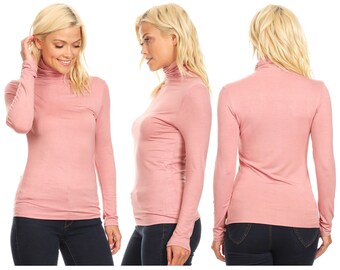 Women's Lightweight Long Sleeve Solid Casual Mock Turtleneck Sweater Top Made in USA