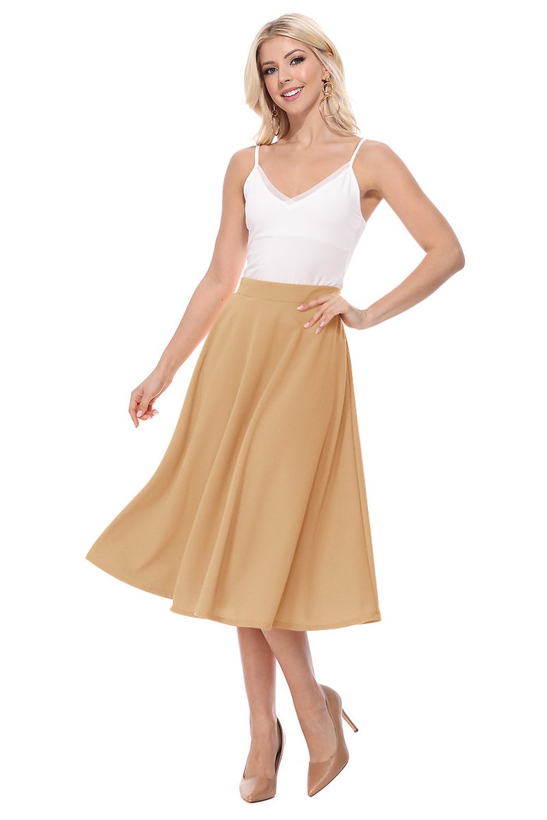 Women's Casual Flared High Waist Solid Midi Bottom Skirt image 4