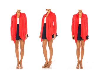 Asymmetric Hem Cardigan with Draped Neck and Open Front