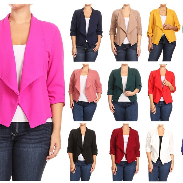 Women's Plus Size Solid Open Front 3/4 Sleeve Blazer Jacket