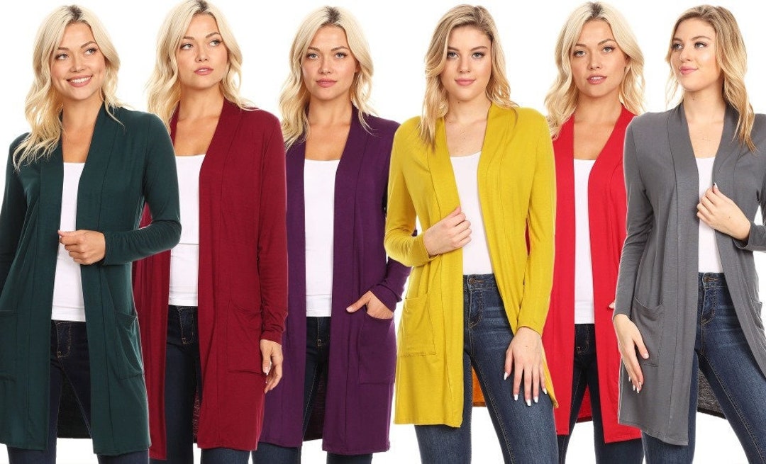 Casual Open Front Basic Long Sleeves Side Pockets Solid Cardigan