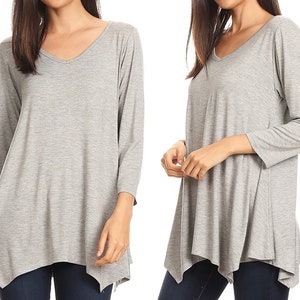 Knit Tunic Tops Asymmetrical 3/4 Sleeve Shirts V-Neck Flowy Blouse