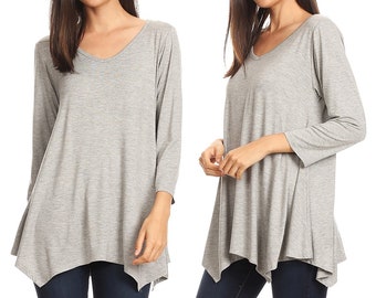 Knit Tunic Tops Asymmetrical 3/4 Sleeve Shirts V-Neck Flowy Blouse