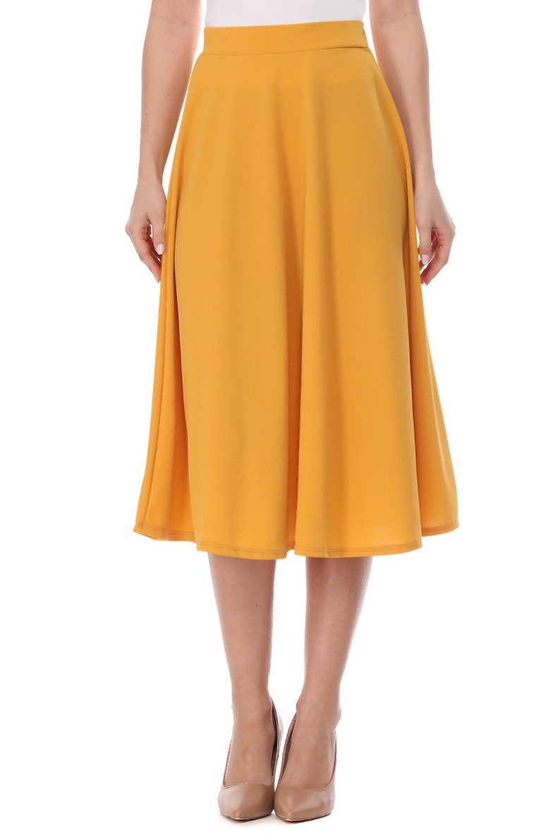 Women's Casual Flared High Waist Solid Midi Bottom Skirt Mustard