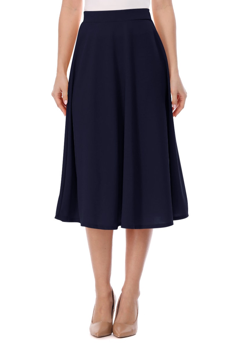 Women's Casual Flared High Waist Solid Midi Bottom Skirt Navy