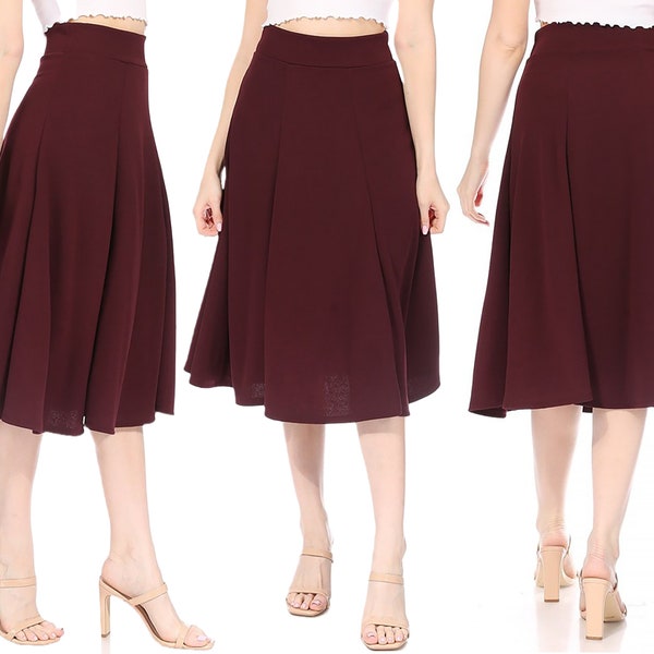 Solid Casual Flared Lightweight Mid-Length A-Line Skirt