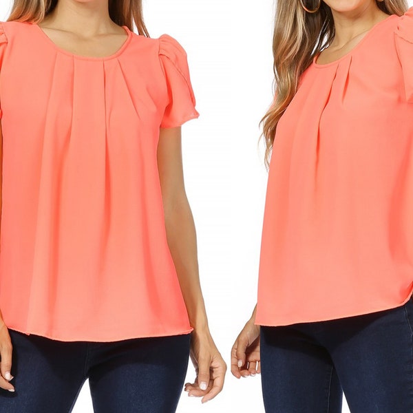 Casual Solid Pleated Front Petal Cap Sleeve Blouse Top