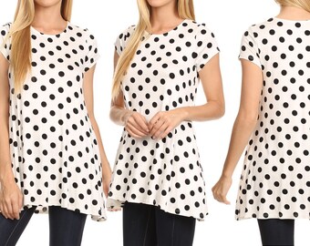 Casual Polka Dot Short Sleeve Round Neck Tunic Tops with Side Pockets