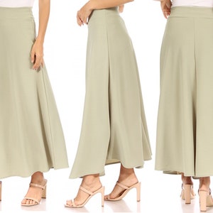 Casual Solid High Waisted Flare A-line Midi Skirt with Elastic Waistband