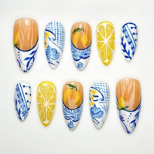 Lemon Garden Press On Nails | Blue White Floral Ceramic Nail Art | Summer Lemon Zest Nails | Fresh Fruit Nails | Fresh Nails