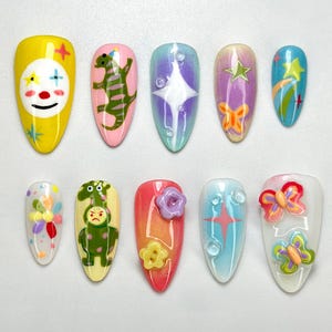 Whimsical Clown Press-On Nails | Hand-Painted Fantasy Nail Art | Bold & Bright Nail Set | Circus Clown Nails | Funky Festival Nail