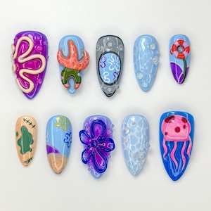 Undersea Cartoon Press On Nails | 3D Jellyfish & Starfish Nail Set | Ocean Friends Blue Nails | Handmade Aquatic Press Ons