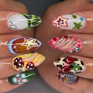 Colorful Press On Nails, 3D Mixed Design Nail Set, Handmade Playful Nails, Cherry Nails, Star & Swirl Nails, Birthday Hoilday Nails