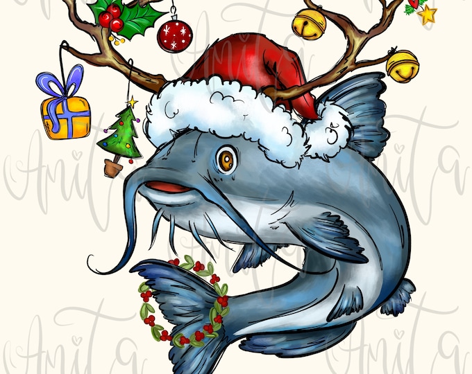 Christmas Catfish PNG Sublimation Design, Custom Order, Hand Drawn