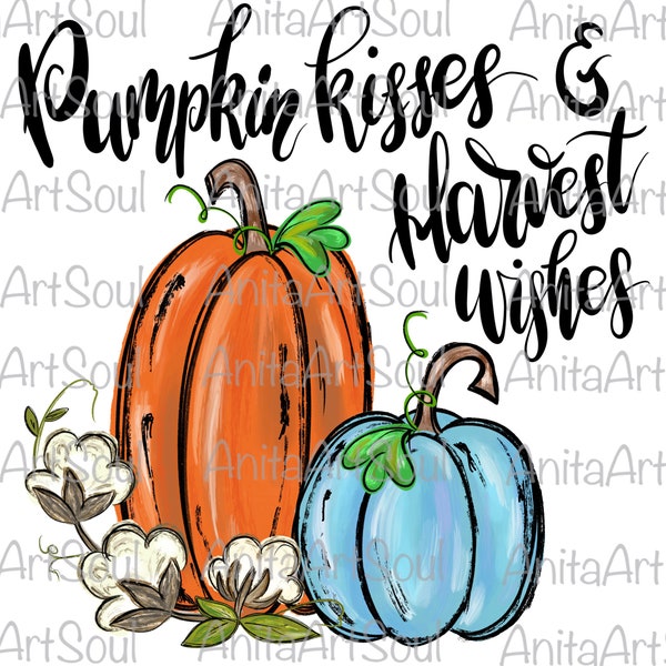 Pumpkin Kisses Harvest Wishes Sublimation PNG Design, Fall, Pumpkin Patch, Thanksgiving, Hand Drawn Digital download, Digital Printable Art