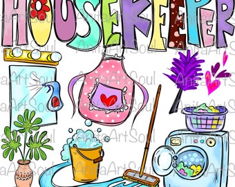 Housekeeper Sublimation PNG Design, house cleaner, housekeeping staff, Hand Drawn Digital Download, Printable Digital Art, Cleaning Lady