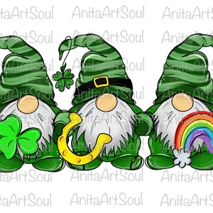 St Patrick's Day Sublimation PNG Design, Hand Drawn Digital Download Printable Artwork, Lucky 3 Gnomes, Shamrock, horseshoe, St paddy's day
