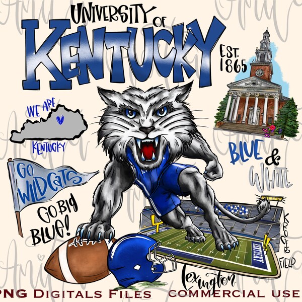 Kentucky Wildcats Basketball Sublimation PNG Design, University of Kentucky, White and Blue, Hand drawn Digital Download