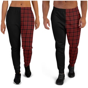 Half Red Plaid Half Black Joggers