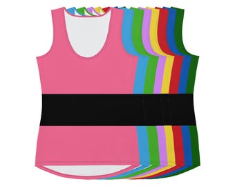 May include: A stack of tank tops in various colors, including pink, blue, green, yellow, and red. Each tank top has a black band across the chest.