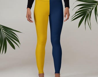 Leggings de cosplay divididos en dorado y azul / Estampado mitad amarillo, mitad azul / ¡Tallas para mujeres, niños y jóvenes!