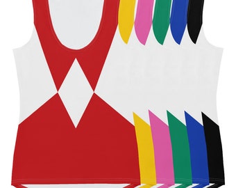 May include: A set of tank tops featuring a white diamond shape with a red, yellow, pink, green, blue, and black background. The tank tops are sleeveless and have a scoop neck.