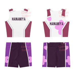 May include: White and purple athletic crop top with the text "HANAMIYA" on the front. Matching purple and white athletic shorts with pink flower designs on the sides.