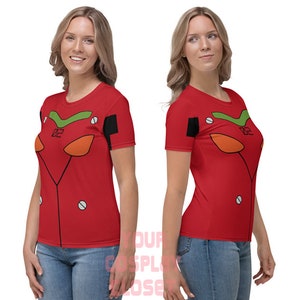 May include: Red short-sleeved t-shirt with a graphic print of a robot's chest panel. The panel is red, orange, green, and black with the number "02" printed on it.
