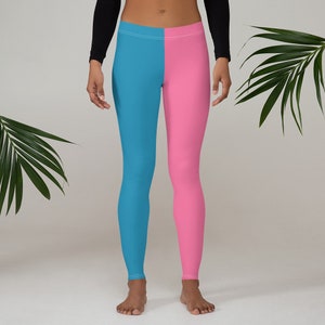 Black & Hot Pink Split Women's Casual Leggings Half and Half Two Tone 