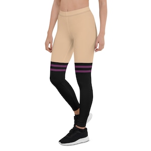 Black False Thigh Highs with Two Purple Stripes Cosplay Leggings | Women&#39;s, Plus, Kids, Youth, & Men&#39;s Sizes!