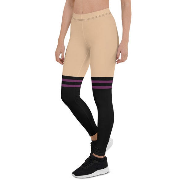Black False Thigh Highs with Two Purple Stripes Cosplay Leggings | Women's, Plus, Kids, Youth, & Men's Sizes!