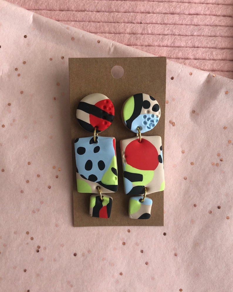 Bold Pattern Abstract Colorful Handmade Clay Earrings Pop Art Statement Earrings!
