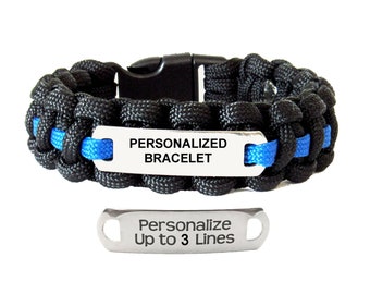 Custom Fit Personalized Thin Blue Line Paracord Survival Bracelet, Add Name and Badge Number, Police Officer Personalized Paracord Bracelet