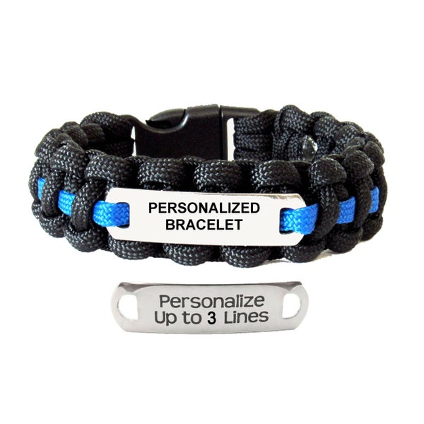 Custom Fit Personalized Thin Blue Line Paracord Survival Bracelet, Add Name and Badge Number, Police Officer Personalized Paracord Bracelet