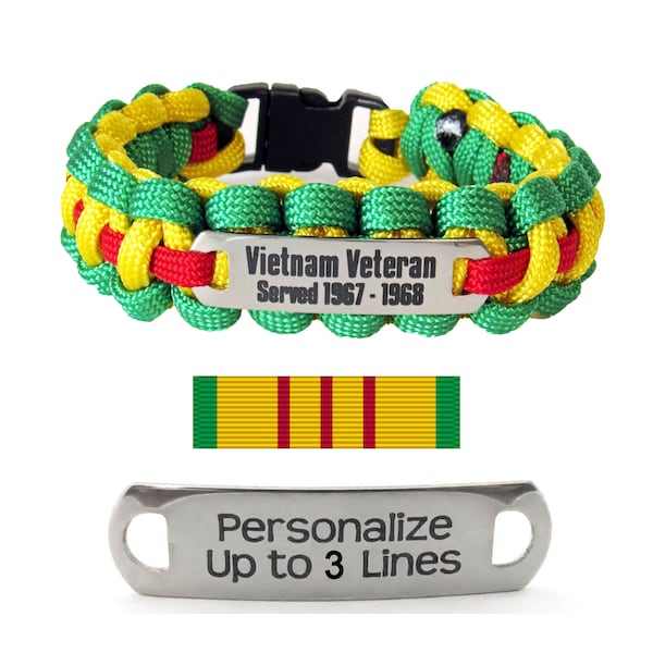 Custom Personalized Patriotic Vietnam Service Colors Paracord Survival Bracelet With Laser Etched Bracelet Bar, You Provide Personalization