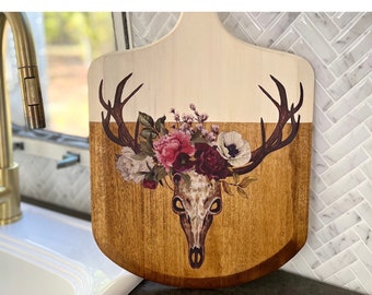 Boho Kitchen Decor, Pizza Peel, Cutting Board, Prima Transfer, Deer Skull, Antlers, Farmhouse, Floral, Home Decor, Hippie Decor Aesthetic