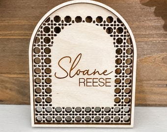 Boho Baby Name Sign | Birth Announcement Sign | Engraved Wooden Name Sign | Rattan Nursery Name Sign | Newborn Photo Prop | Baby Shower Gift