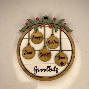 May include: A wooden Christmas ornament with a wreath and five ornaments hanging from it. The ornaments are personalized with the names "Louise", "Gatlin", "Ernie", "Barratt", and "Bane". The ornament also has the word "Grandkids" written on it.