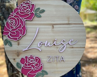 Custom Baby Name Sign, Floral Round Sign, Nursery Name Sign, Nursery Wall Art, Baby Shower Gift, Personalized, Wooden Nursery Decor, Girl