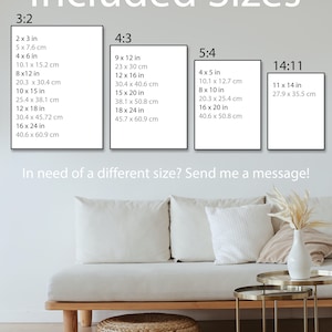 May include: Image showing a list of included sizes for artwork prints. Sizes include 2x3 inches, 4x6 inches, 8x12 inches, 10x15 inches, 12x18 inches, and 16x24 inches, among others. The image also includes a sofa and coffee table.