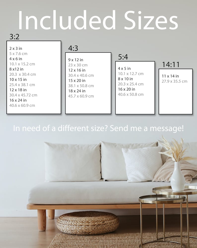 May include: Image showing a list of included sizes for artwork prints. Sizes include 2x3 inches, 4x6 inches, 8x12 inches, 10x15 inches, 12x18 inches, and 16x24 inches, among others. The image also includes a sofa and coffee table.