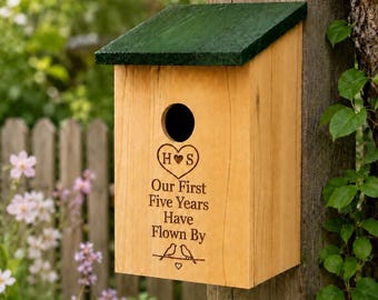Personalised Wooden Bird Box Anniversary Gift 5th Wedding Anniversary Present, Our First Five Years Have Flown By Engraved Garden Bird House